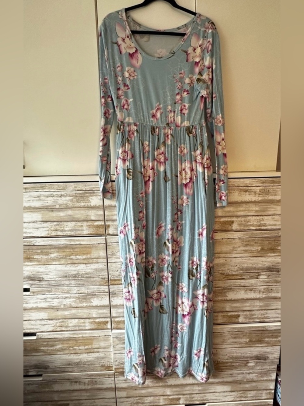 🌸 Floral Long Sleeve Maxi Dress Light Blue Pink Boho Cottagecore
